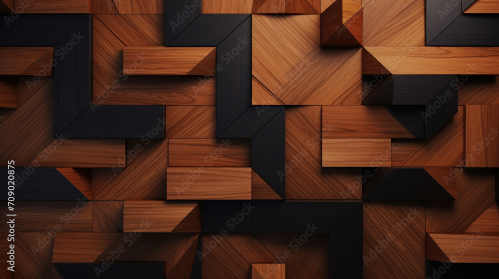 Poster abstract geometric pattern of wooden blocks creating a textured wall design.