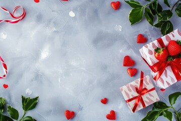 Valentine's day background with gift boxes, red hearts and table. AI generated