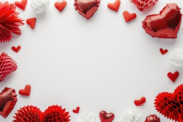 Valentine's day background with red and white paper hearts on white. AI generated