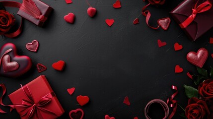 Valentine's day background with red roses, gift boxes and hearts on black background. AI generated