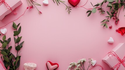 Valentine's Day background with red hearts, flowers and gift boxes on pink. AI generated - obrazy, fototapety, plakaty