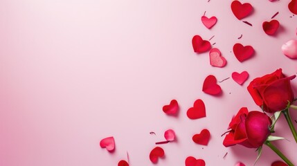 Valentine's day background with red rose and hearts on pink background. AI generated