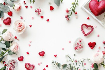 Flowers composition. Frame made of rose flowers, red hearts, candles on white background. Flat lay, top view, copy space. AI generated