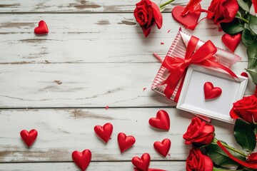 Valentine's day background with red roses and gift box on white wooden table. AI generated
