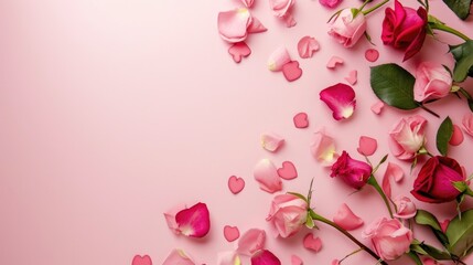 Valentine's Day background with pink roses and hearts on pink background. AI generated