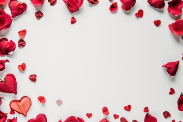 Valentines day background with red rose petals on white background. AI generated - Powered by Adobe