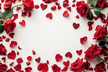top view of red rose petals and hearts on white background with copy space. AI generated