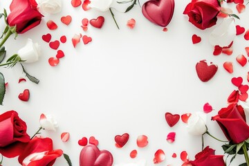 top view of red and white roses and hearts on white background with copy space. AI generated