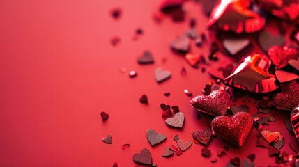 Valentines day background. Red hearts confetti on red background. AI generated