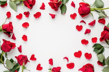 top view of red roses and hearts on white background with copy space. AI generated