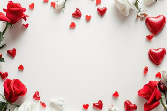 Valentine's day background with red and white roses and red hearts on white background. AI generated
