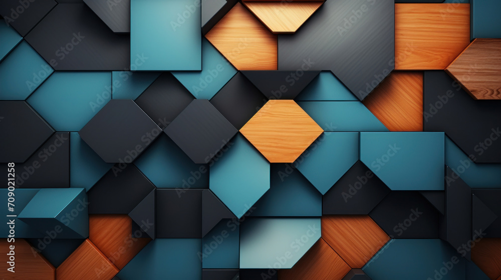 Aufkleber modern abstract geometric pattern on a wall creating a 3d effect with wooden and blue tones.