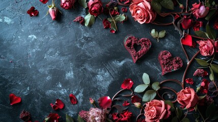 Valentines day background with roses and hearts over dark blue texture. AI generated