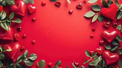 Valentines day background with red hearts and green leaves on red background. AI generated