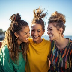 Portrait of three happy female friends laughing and having fun together outdoors. Friendship concept. AI generated