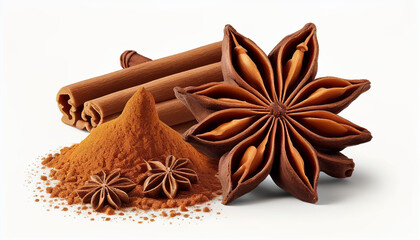 Frontal perspective A white background with isolated cinnamon sticks, cinnamon powder