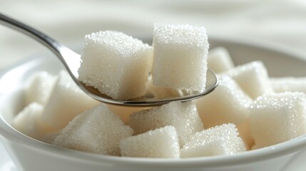 Sugar cubes in bowl with spoon.