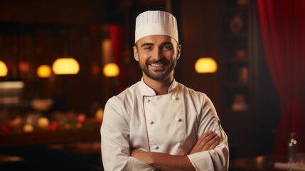 Smiling male chef in white uniform with crossed arms standing confidently in a commercial kitchen setting.