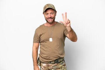 Middle age military with dog tag isolated on white background happy and counting three with fingers - obrazy, fototapety, plakaty