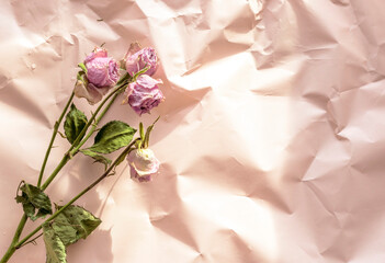 Concept shot of the background theme, wrapping paper, dried roses other flowers and other arrangements. Decoration