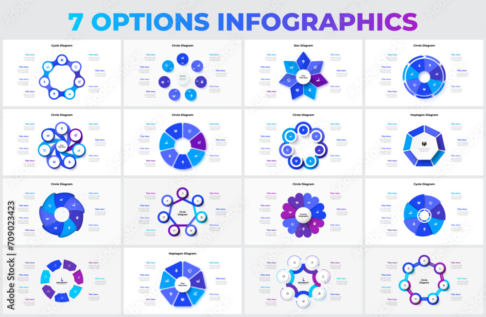 Poster Set of vector heptagons, circles, arrows and abstract elements for cycle infographic with 7 options, steps or processes