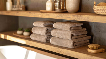 Clean towels on table in Spa setting, Hotel and resort concept, Space for text