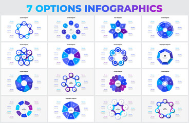 Set of vector heptagons, circles, arrows and abstract elements for cycle infographic with 7 options, steps or processes
