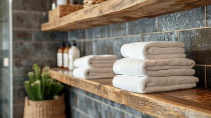 Clean towels on table in Spa setting, Hotel and resort concept, Space for text - obrazy, fototapety, plakaty