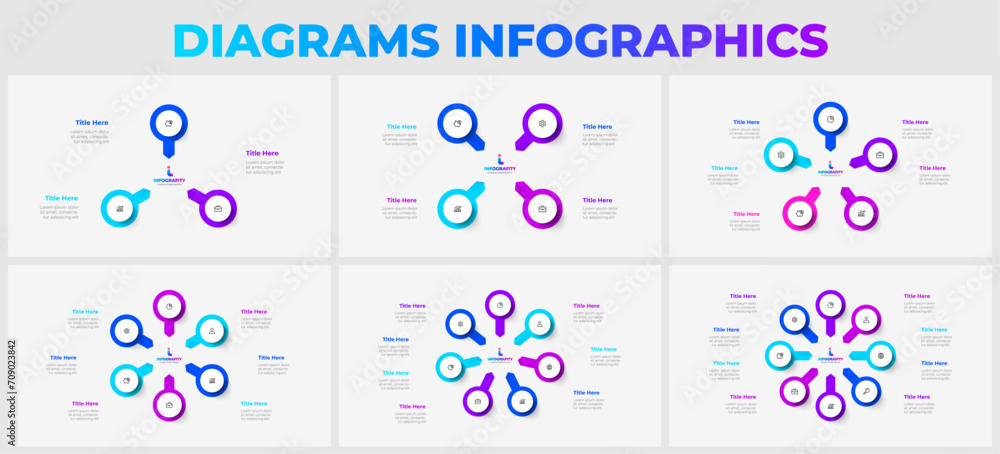 Poster set of infographic circles elements and arrows. vector diagrams with 3, 4, 5, 6, 7 and 8 options, st