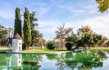 Nea Philadelphia Park with fountain and windmill in Athens Greece