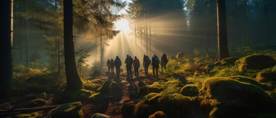 People walk in distance in dark woods at sunrise, banner with group of hikers in pine forest....