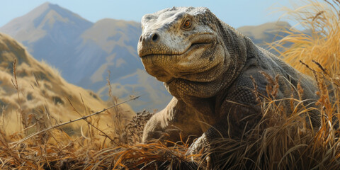 Komodo dragon against mountains, portrait of big monitor lizard close-up, wild reptile as ancient...