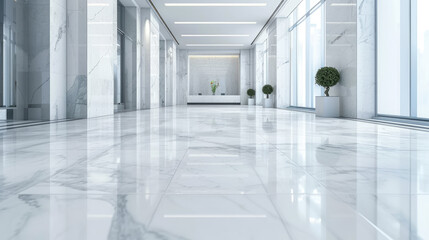 Interior of luxury lobby of office or hotel, clean shiny floor in commercial building hall after professional cleaning service, perspective view. Concept of modern marble tile, corporate - obrazy, fototapety, plakaty