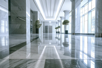 Interior of luxury lobby of office or hotel, clean shiny floor in commercial building hall after professional cleaning service, perspective view. Concept of modern marble tile, hallway