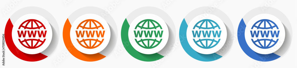 Poster Web, www and internet vector icon set, flat icons for logo design, webdesign and mobile applications, colorful round buttons