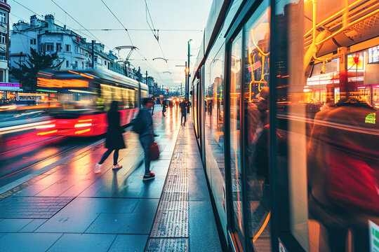 Commuters using public transportation, such as buses or trams.