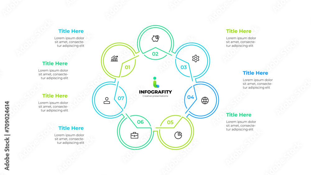 Poster outline heptagon diagram divided into 7 sectors. design concept of seven steps or parts of business 