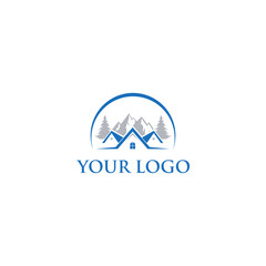 The logo concept is the shape of a house and the silhouette of mountains and trees, suitable for housing and real estate companies