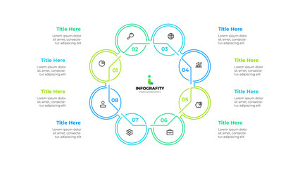 Outline octagon diagram divided into 8 sectors. Design concept of eight steps or parts of business cycle. Infographic design template