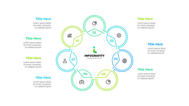 Outline heptagon diagram divided into 7 sectors. Design concept of seven steps or parts of business cycle. Infographic design template