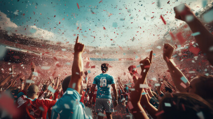 Celebration of Victory: A Thrilling Football Match with a Large Crowd Cheering, UEFA Professional League Competition - obrazy, fototapety, plakaty