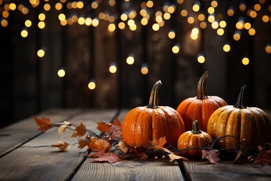 wooden table with pumpkins and autumn foliage bokeh background, in the style of realistic depiction of light, sleek metallic finish, happenings, creative commons attribution, uhd image, bokeh
