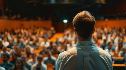 A speaker addressing an audience in an auditorium during a seminar, viewed from behind, showcasing the educational interaction.