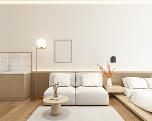 Modern japan style tiny room decorated with minimalist sofa and coffee table, wood slat wall and white curved wall. 3d rendering