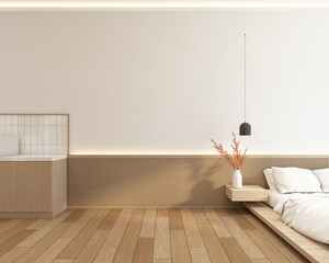 Modern japan style empty room decorated with wood slat wall and white curved wall. 3d rendering