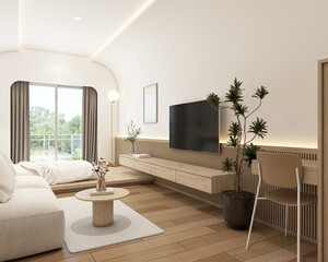 Modern japan style tiny room decorated with wood tv cabinet and minimalist sofa, white bed and wood slat wall, white curved wall and hidden lights.3d rendering