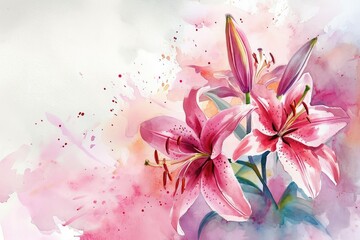 Lilies background: Elegant and beautiful, often associated with devotion and purity, valentine theme, mother's day, watercolor, copy space.