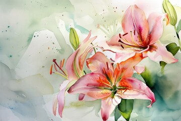 Lilies background: Elegant and beautiful, often associated with devotion and purity, valentine theme, mother's day, watercolor, copy space.