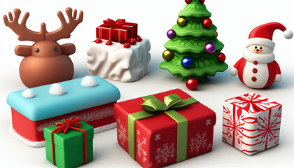 Obraz na płótnie Canvas Frontal view tiny Christmas toys or presents, isolated on a white background