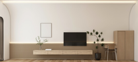 Modern japan style tiny room decorated with wood tv cabinet and wood wardrobe, wood slat wall and white curved wall. 3d rendering